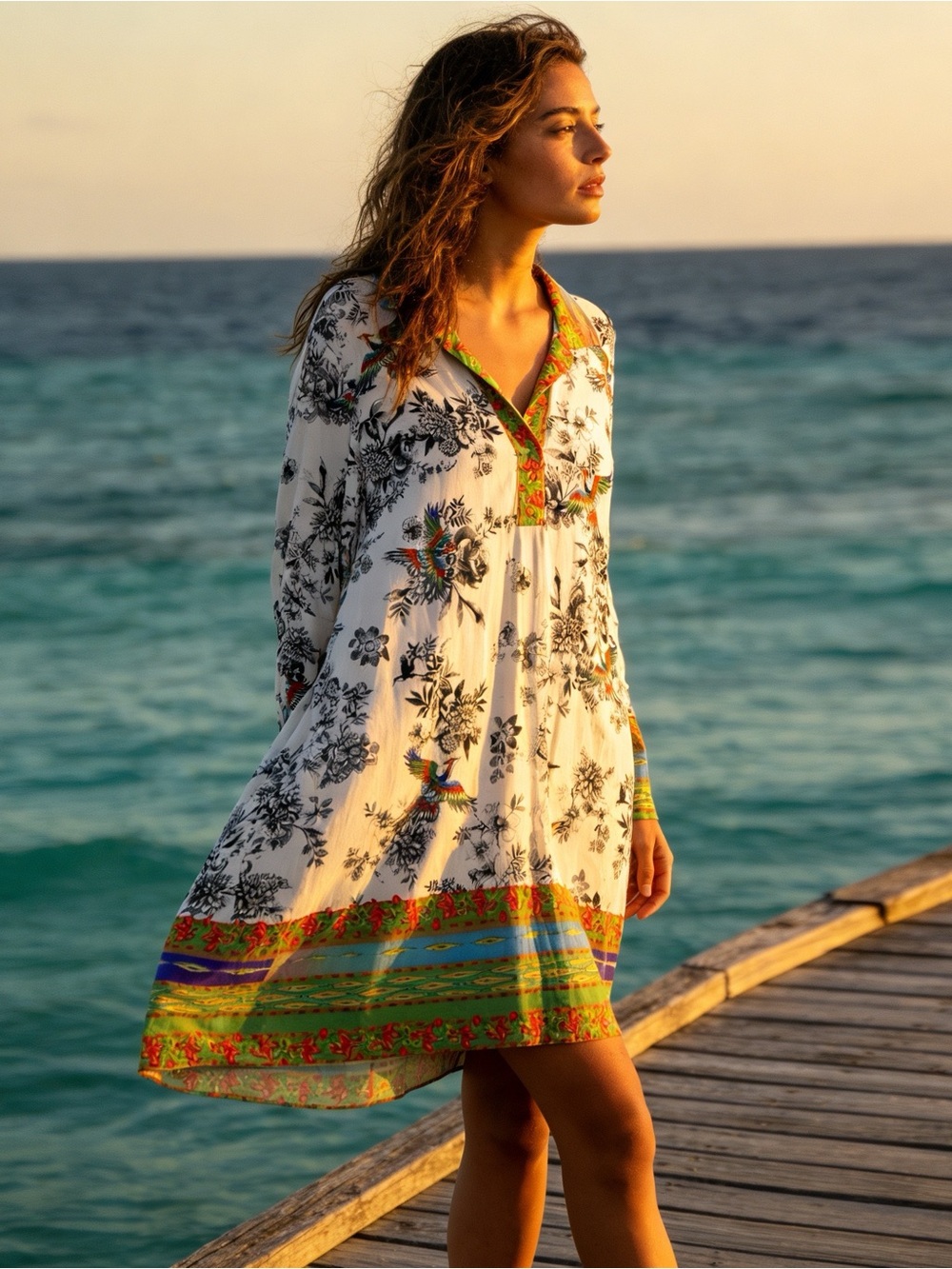 Johnny Was Floral & Crane Print Long Sleeve Rayon Dress